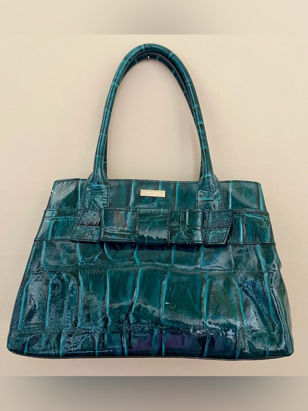 Kate Spade New York Elena Knightsbridge Dark Teal Croc Patent Tote Bag with Bow
